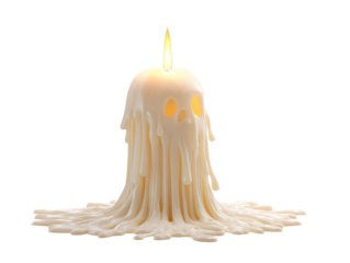 A spooky melting candle shaped like a ghost with glowing eyes and dripping cream-colored wax.