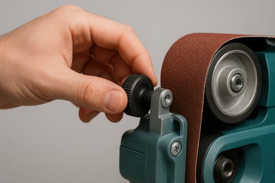 Hand adjusting tension knob on modern electric belt sander for precise woodworking and efficient surface smoothing tasks