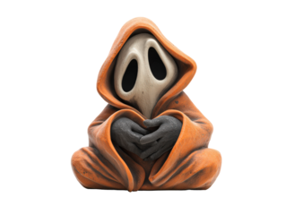 A mysterious hooded figure in an orange robe with a ghost mask sitting and making a heart shape with its hands.
