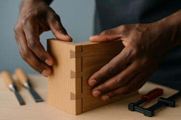 Craftsman assembling dovetail joint on wooden box with precision, surrounded by woodworking tools on light workbench