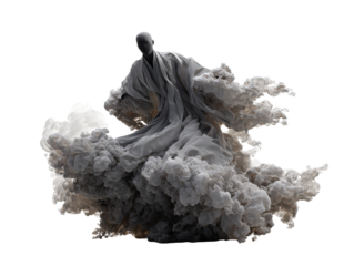 A surreal faceless figure in a flowing grey robe emerges from a billowing cloud of dense textured smoke.