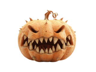 Fearsome carved Halloween pumpkin monster with sharp fangs angry eyes and spiky skin.