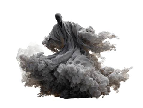 A surreal faceless figure in a flowing grey robe emerges from a billowing cloud of dense textured smoke.