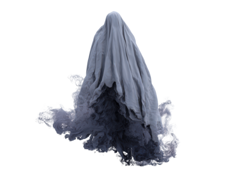 Ethereal grey ghost figure in a draped sheet dissolving into billowing clouds of dark smoke.