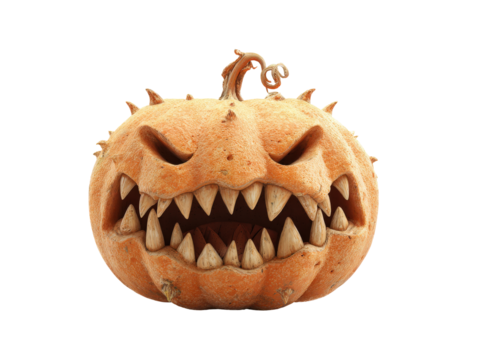 Fearsome carved Halloween pumpkin monster with sharp fangs angry eyes and spiky skin.