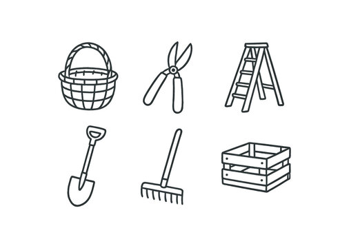 hand drawn cute doodle ink line art style line monochrome monochrome isolated on white background fruit grower (tools): basket pruner ladder spade rake crate