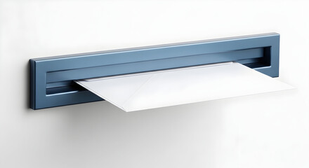 Blue mail slot in wall with outgoing envelope, kiosk-style letter drop opening on clean white background