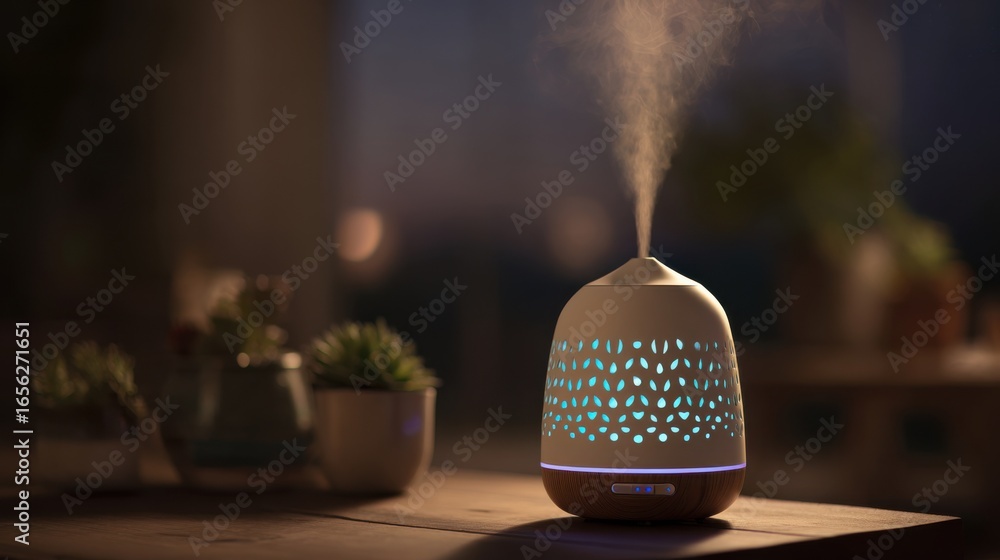 Poster close medium shot of a sleek aroma diffuser with pulsating lights adjusting scent release rhythmical