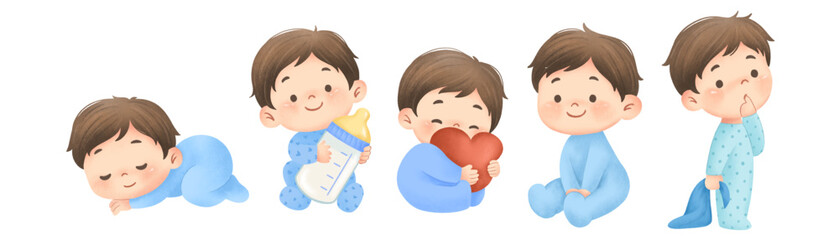 Cute Baby Boy Clipart Set Vector Illustration - Cartoon Infant Character in Pajamas with Bottle, Heart and Blanket.eps
