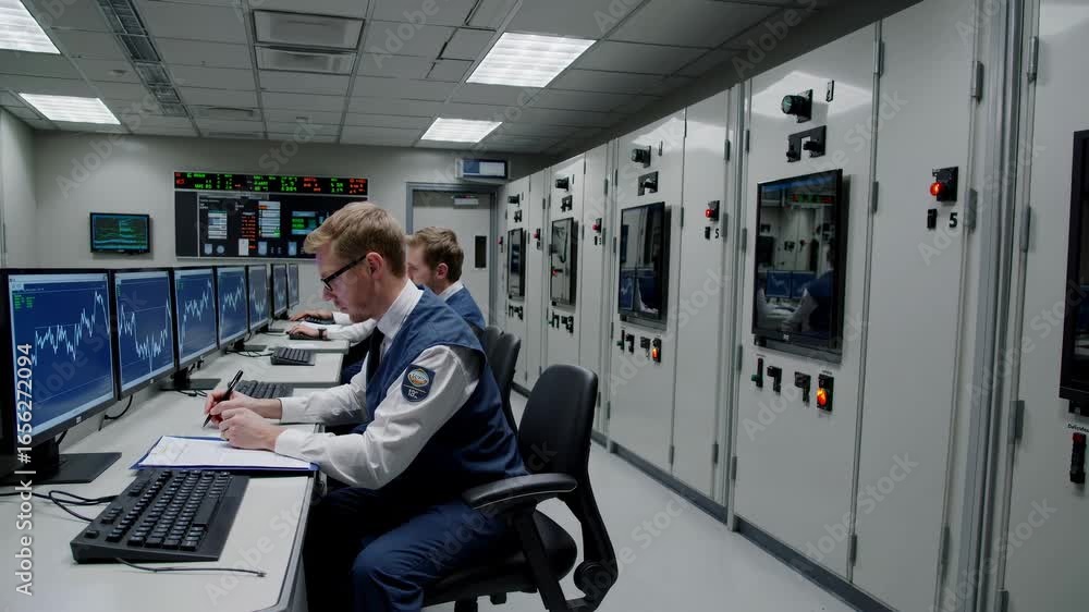 Poster technicians in a control room analyzing data on multiple monitors, demonstrating coordination and pr