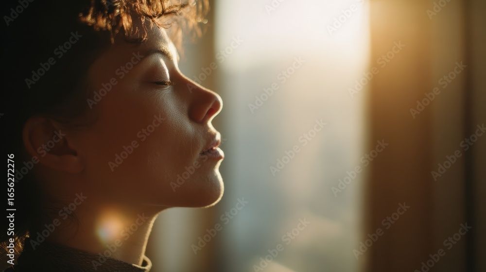 Aufkleber Medium shot of a person meditating with eyes closed by a window breath calming and visible with soft sunlight diffused behind creating a serene blur.
