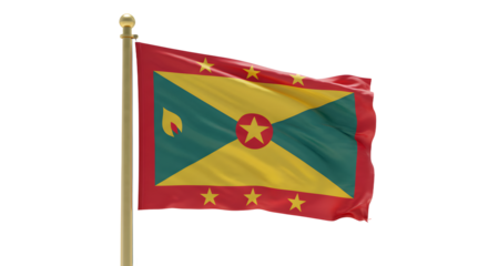 Grenada national flag waving on pole isolated on white background, patriotic symbol perfect for cultural events and national celebrations