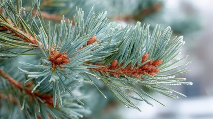 Closeup of frosty pine tree branch with icy needles and buds covered in winter dew on cold snowy background