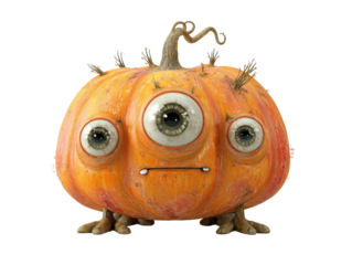 A strange orange pumpkin monster with three large realistic eyes and root-like feet.