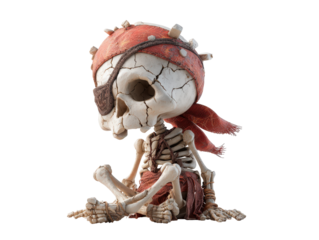 Stylized pirate skeleton with a large cracked skull spiked red bandana and leather eyepatch sitting on the ground.