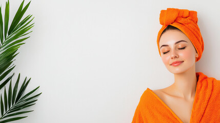 Serene woman relaxing in orange towel, exuding calmness and tranquility, surrounded by greenery