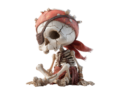 Stylized pirate skeleton with a large cracked skull spiked red bandana and leather eyepatch sitting on the ground.