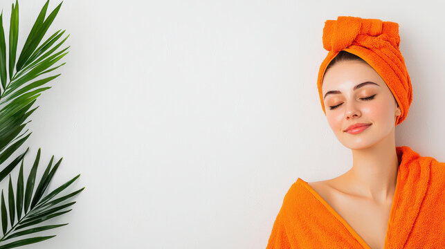 Serene woman relaxing in orange towel, exuding calmness and tranquility, surrounded by greenery