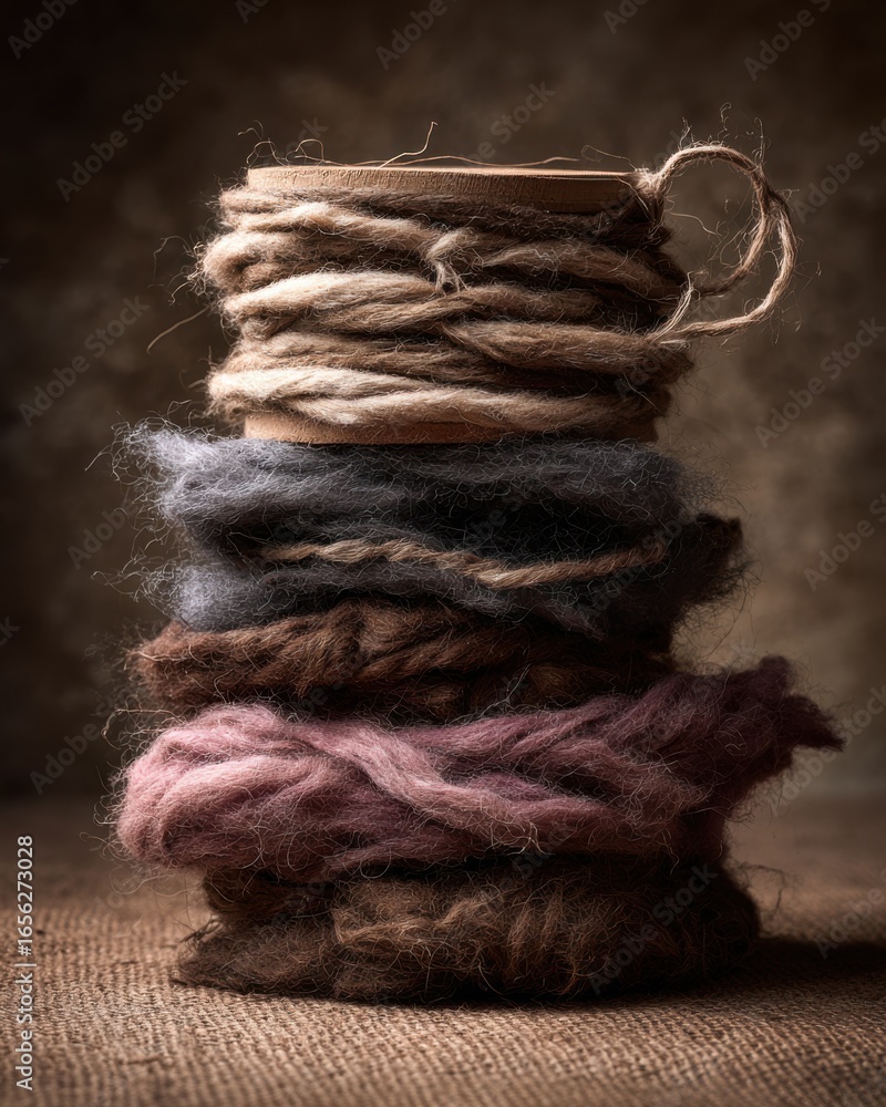 Aufkleber bundled natural fibers and twine stacked artistically on a rustic surface with textured background a