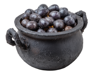 A rustic black cauldron overflowing with glowing speckled galaxy-like spheres.