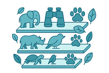 Obraz premium Stylized animals and nature elements on shelves