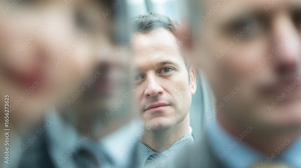 Poster main subject in sharp focus framed by outoffocus colleagues.