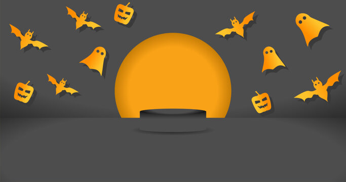 Halloween night background with pumpkin ghost bat and moon for Product Advertisement Presentation
