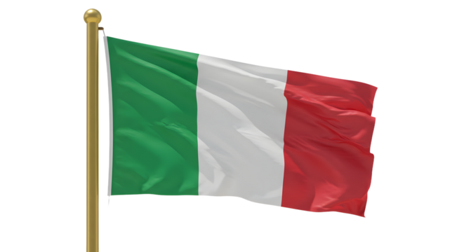 Italy flag waving on pole isolated on white background, Italian national symbol perfect for cultural events