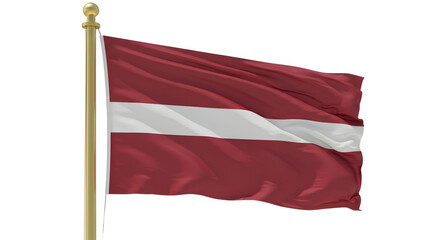 Latvia national flag waving on flagpole against white background, symbol of Latvian pride and identity, perfect for cultural and patriotic themes