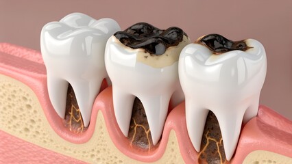 Three decayed teeth with visible cavities and damaged roots &ndash; Dentistry, Tooth Decay, Oral Health, Caries, cavity, gum, enamel, anatomy