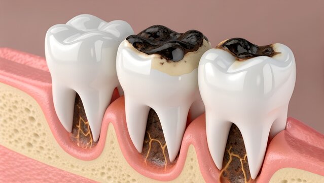 Three decayed teeth with visible cavities and damaged roots &ndash; Dentistry, Tooth Decay, Oral Health, Caries, cavity, gum, enamel, anatomy