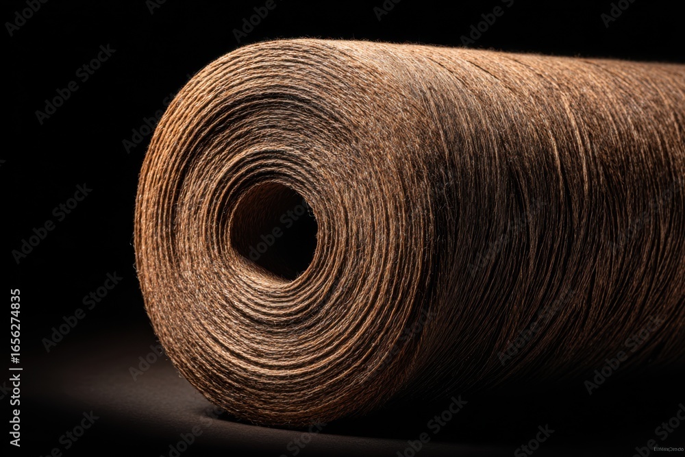 Poster close-up of a brown thread roll on dark background for textiles and crafting projects in natural col