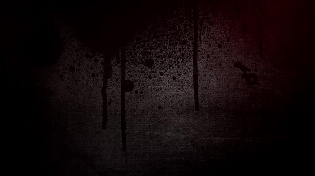 Blood splatters and drips on textured wall, illuminated by flashing red and blue police lights. Intense abstract background for crime scene, horror, or forensic concepts