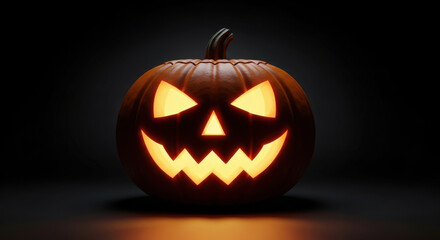 Fototapeta premium Spooky carved halloween pumpkin with a glowing orange face illuminated from within against a dark background