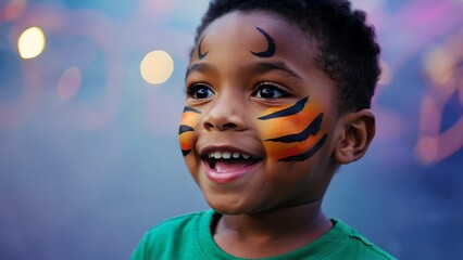 Happy young boy with colorful tiger face paint smiling outdoors, close up portrait of child with animal face painting at festival or party © Misnara