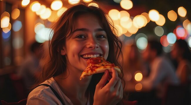 Young woman happily eating pizza in the evening, with friends in the background