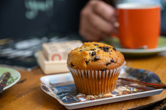Freshly baked muffin with chocolate chips perched on a decorative plate