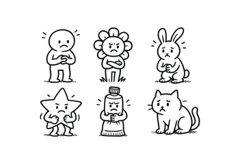 Fototapeta premium hand drawn cute doodle ink line art style line monochrome monochrome isolated on white background tense posture (actions): fidgeting crossing gripping holding tensing leaning
