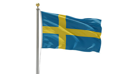 Swedish flag waving on flagpole against white background, symbol of Sweden and Nordic heritage