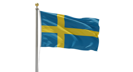 Swedish flag waving on flagpole against white background, symbol of Sweden and Nordic heritage