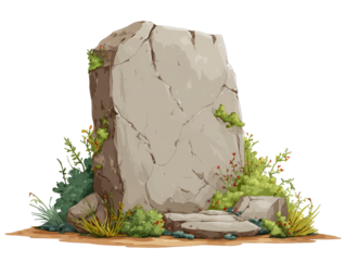 Stylized illustration of a large cracked standing stone surrounded by lush green plants and moss.
