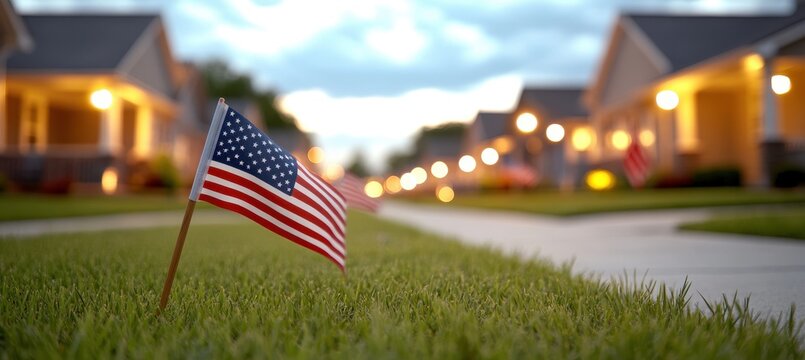 A small American flag stands proudly in a lush green lawn, with a softly lit suburban street forming a blurred background, evoking a sense of patriotic community spirit