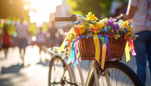 A bicycle with a vibrant floral basket and colorful ribbons on a sunny day with blurred people in the background.