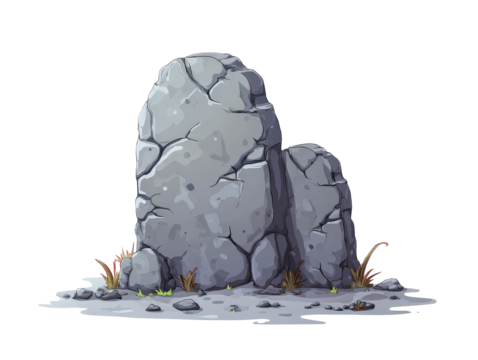 A large gray cracked stone formation in a stylized cartoon illustration style with highlights and shadows.