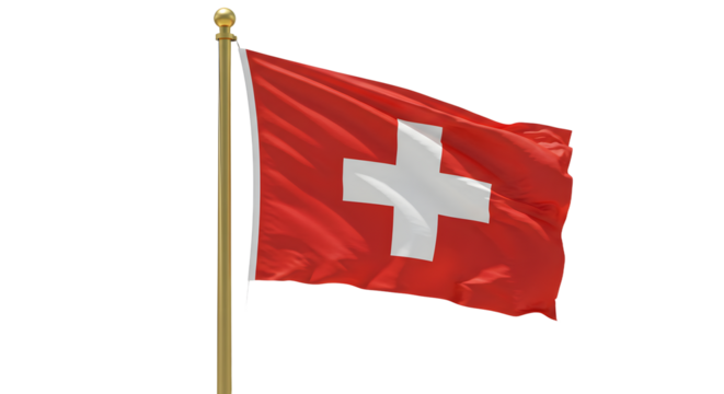 Swiss flag waving on flagpole isolated on white background, symbol of Switzerland, perfect for travel and patriotic themes