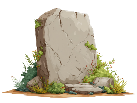 Stylized illustration of a large cracked standing stone surrounded by lush green plants and moss.