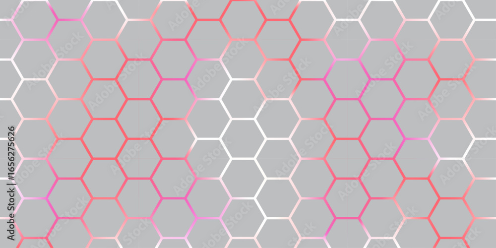 Poster grey and red hexagon honeycomb pattern background in minimal geometric design.