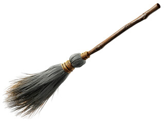 Old magical witchs broomstick with a gnarled wooden handle grey bristles and golden bands.