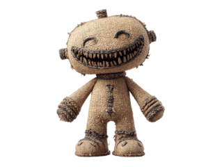 Creepy smiling burlap sack doll with sharp teeth and stitched details.