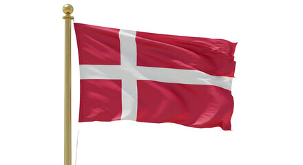 Waving Denmark national flag on a gold pole isolated on white background, symbol of Denmark, perfect for travel and cultural projects